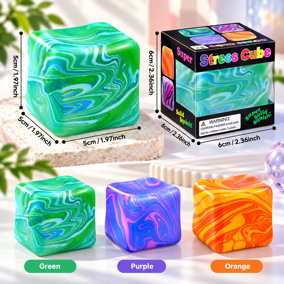 5.5cm Marbled Cube Squeeze Toy - Sensory Fidget & Stress Relief Ball
