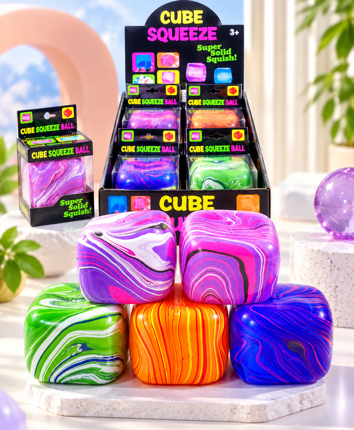 5.5cm Marbled Cube Squeeze Toy - Sensory Fidget & Stress Relief Ball