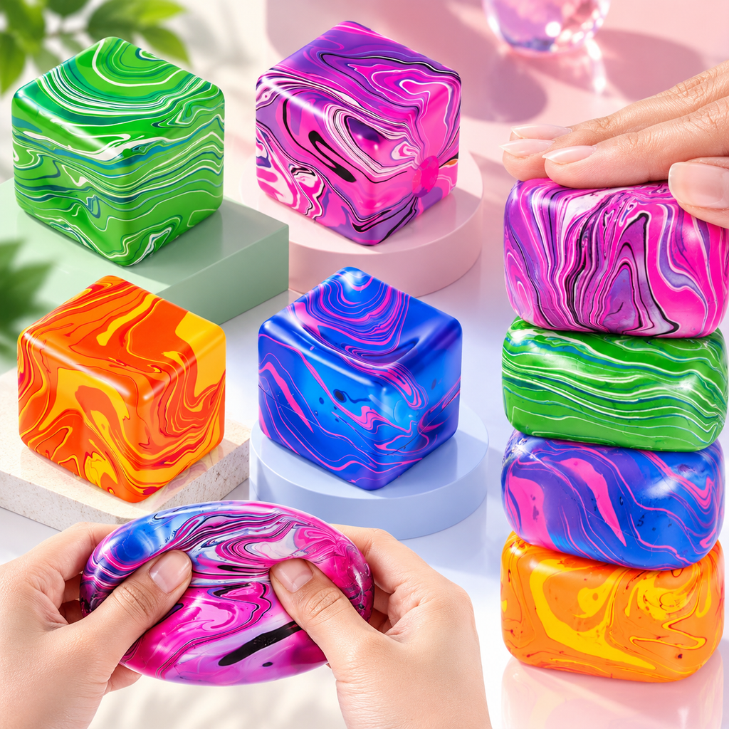 5.5cm Marbled Cube Squeeze Toy - Sensory Fidget & Stress Relief Ball