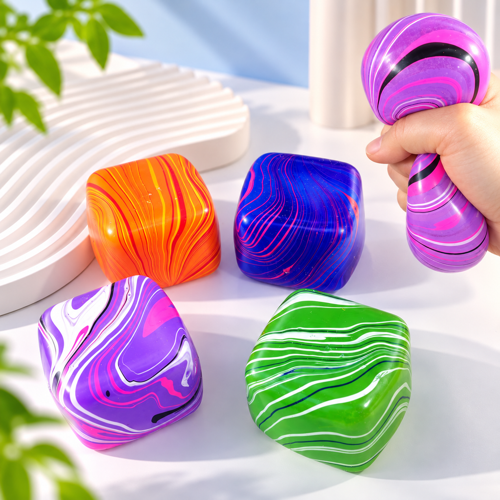 5.5cm Marbled Cube Squeeze Toy - Sensory Fidget & Stress Relief Ball