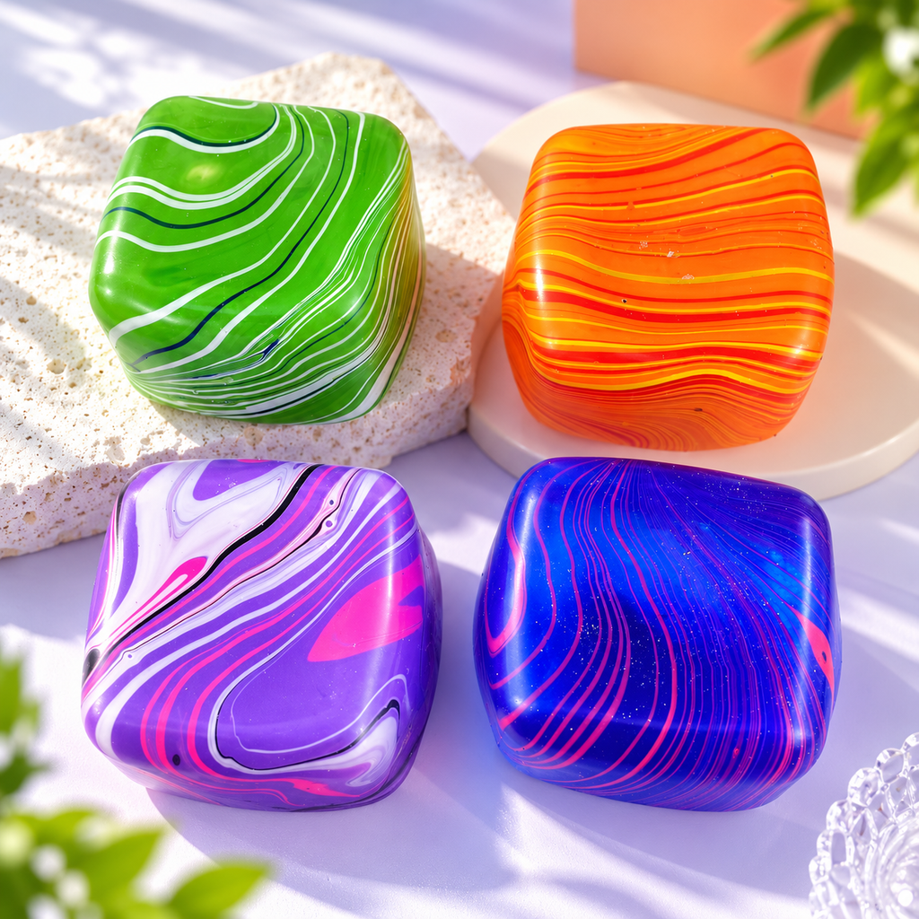 5.5cm Marbled Cube Squeeze Toy - Sensory Fidget & Stress Relief Ball