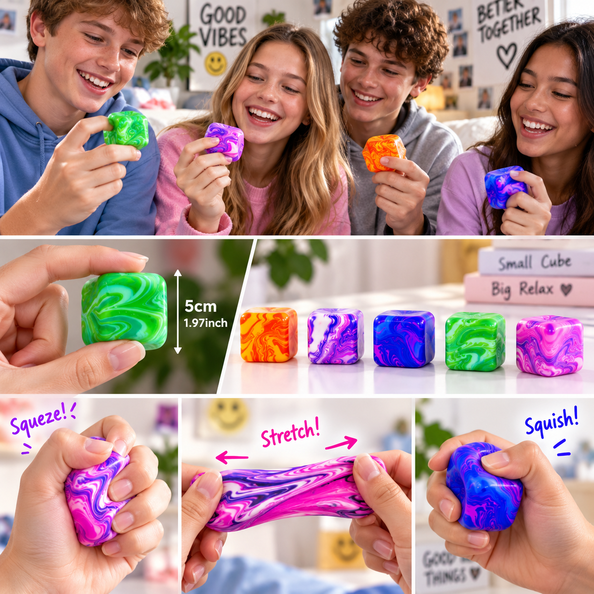 5.5cm Marbled Cube Squeeze Toy - Sensory Fidget & Stress Relief Ball